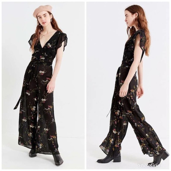 Urban Outfitters Pants - Urban Outfitters Jumpsuit 2 Black Floral Sheer Wide Leg Belted Short Sleeve Boho